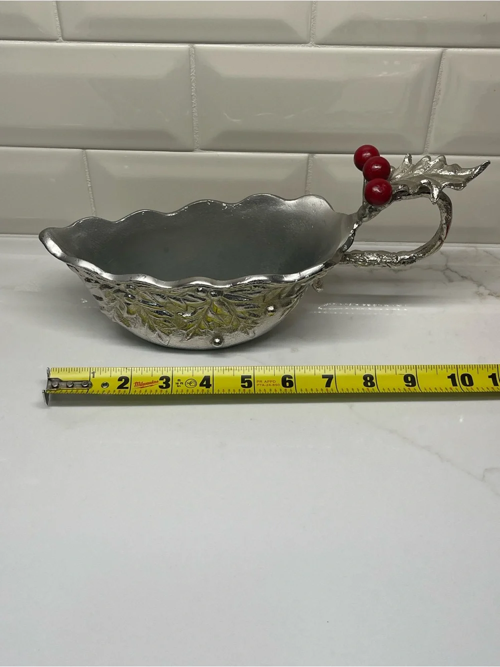 Gravy Boat -VTG- Silver - Metal - Holly Berry Christmas, Textured, 10Heavy Solid